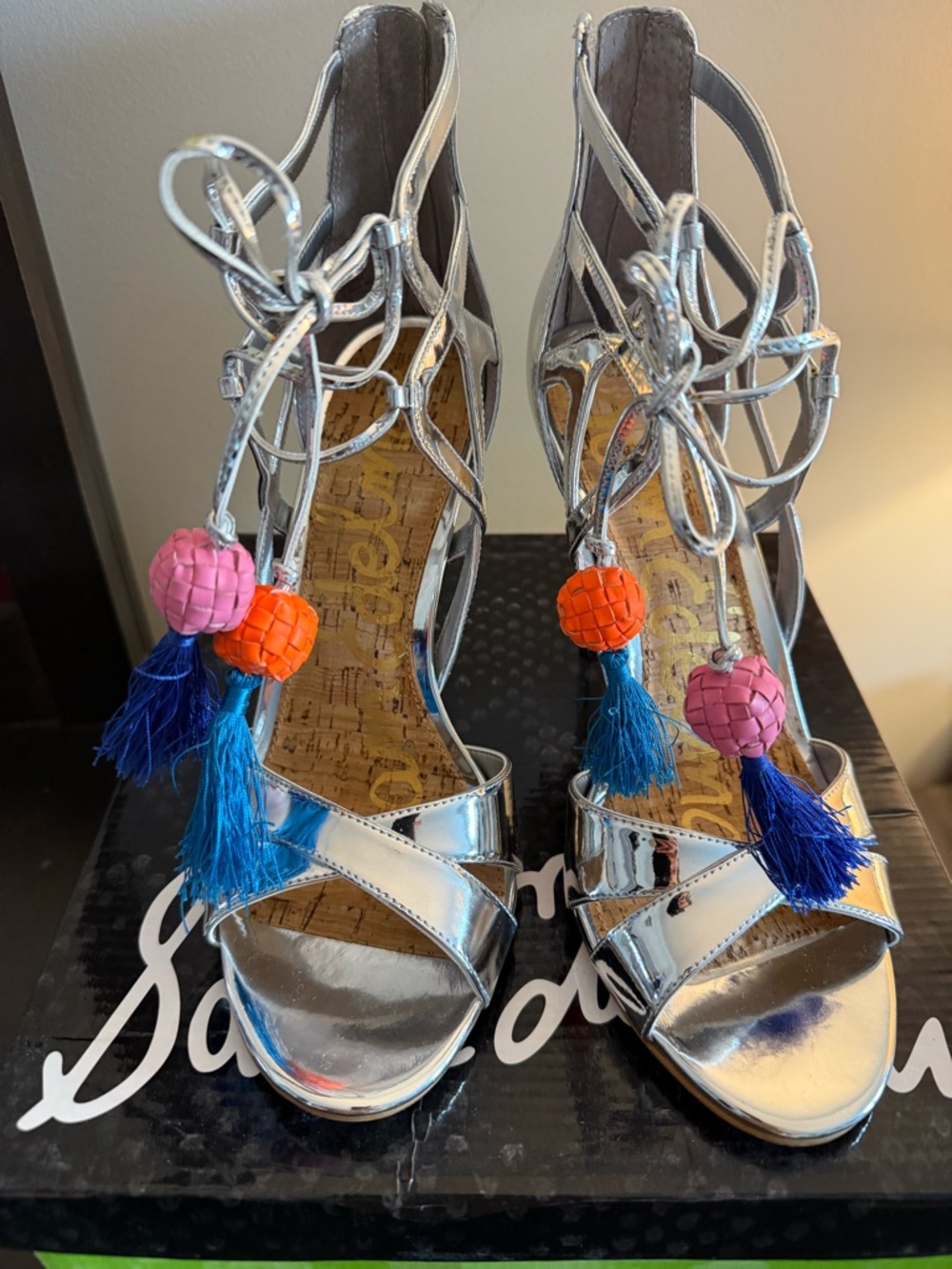 Metallic Silver Lace-Up Sandals with Colorful Tassels